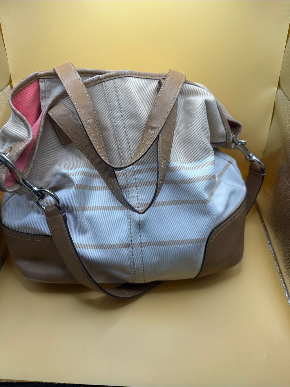 Neutral Striped Canvas Coach Tote Bag with Tan Leather Trim
